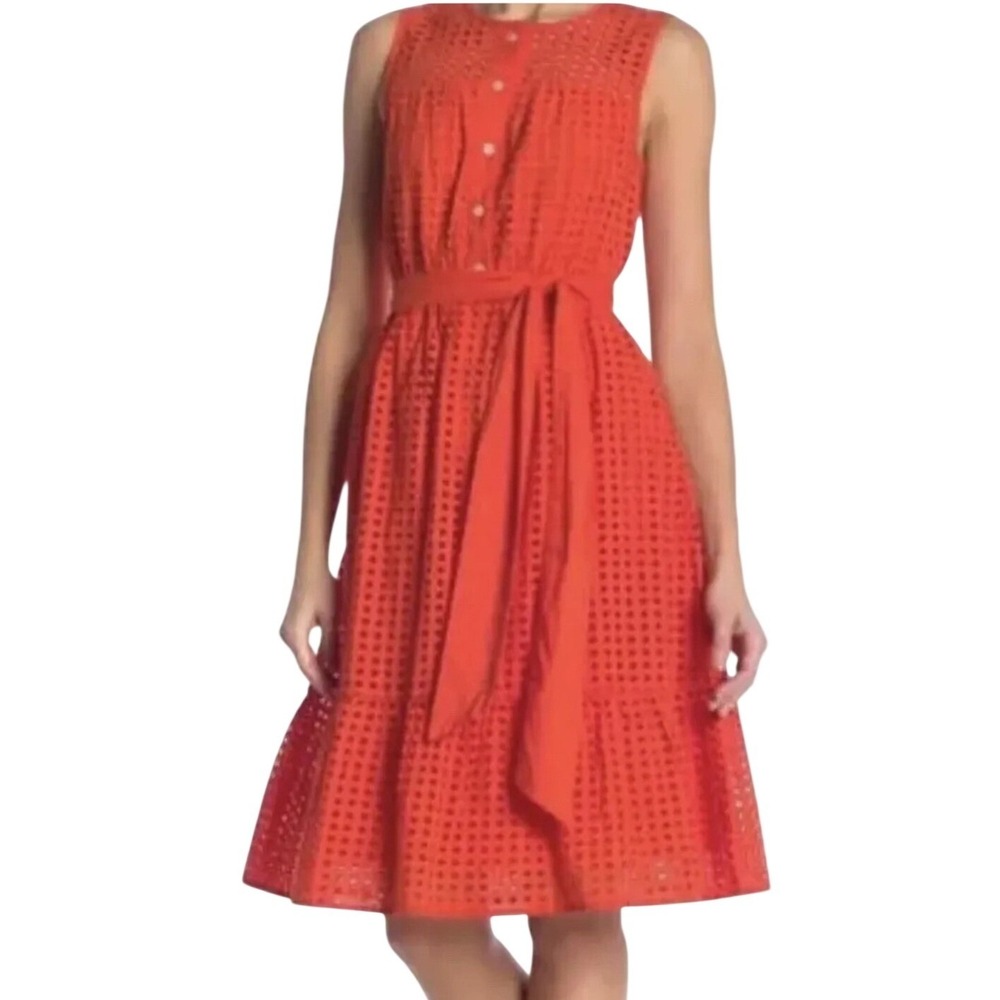 J.Crew Women Coral Orange Eyelet Sleeveless Midi Dress Tiered Belted Size 0